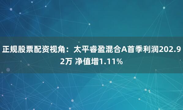 正规股票配资视角：太平睿盈混合A首季利润202.92万 净值增1.11%